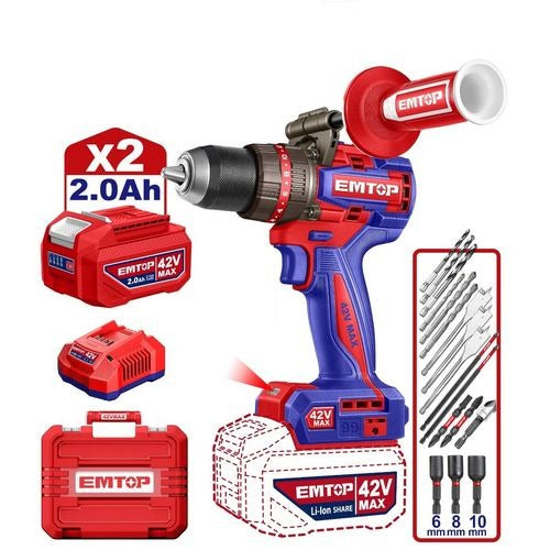 Taladro percutor Emtop 42V 99 Nm brushless + 2 baterías (ECIDL429982)
