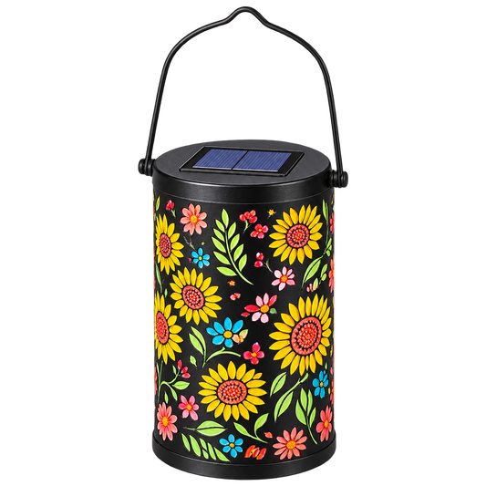 Lámpara solar colgante SunBloom con diseño de girasoles y flores multicolor sobre fondo negro, panel solar en la tapa y asa metálica