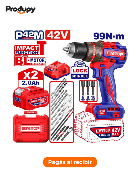 Taladro percutor Emtop 42V 99 Nm brushless + 2 baterías (ECIDL429982)