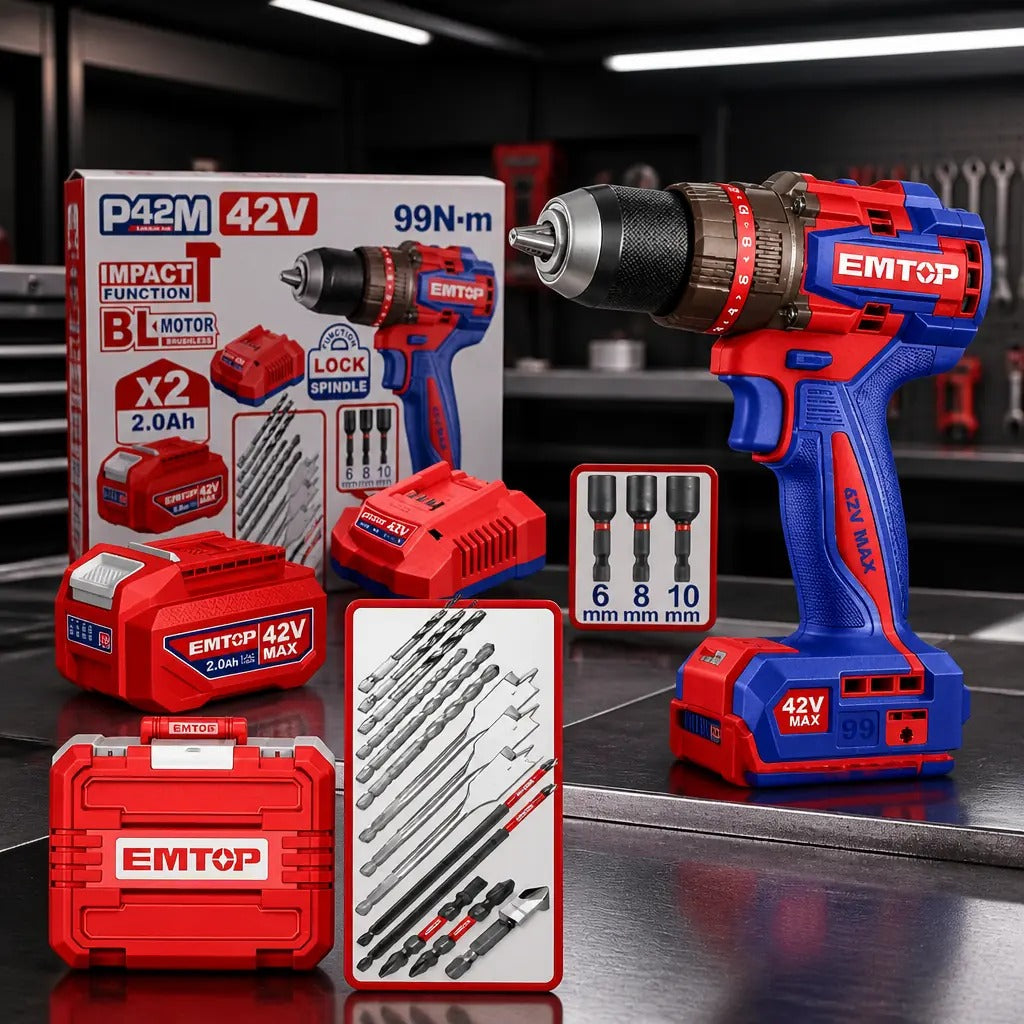 Taladro percutor Emtop 42V 99 Nm brushless + 2 baterías (ECIDL429982)