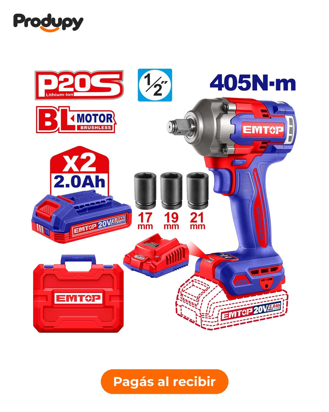 Llave de impacto Emtop 20V 1/2" 405 Nm + 2 baterías (ECIWL2045)