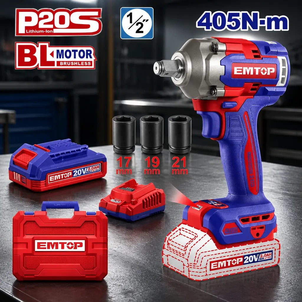 Llave de impacto Emtop 20V 1/2" 405 Nm + 2 baterías (ECIWL2045)