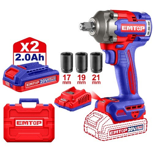 Llave de impacto Emtop 20V 1/2" 405 Nm + 2 baterías (ECIWL2045)