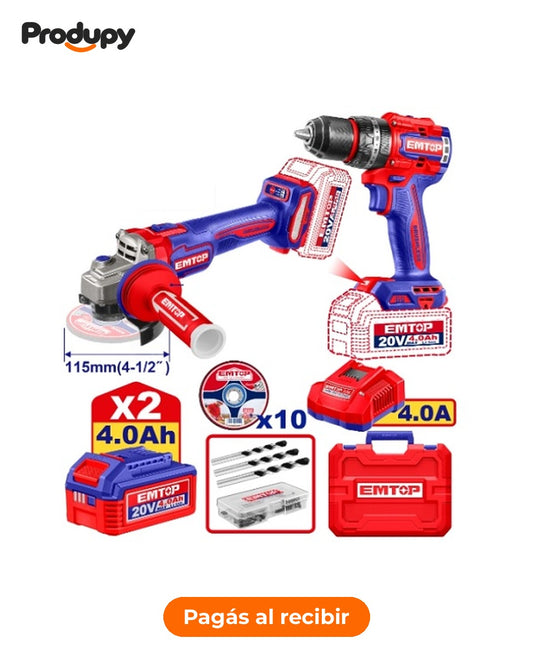 Combo Emtop 20 V brushless: taladro percutor 66 Nm + amoladora 115 mm, 2 baterías 4 Ah (ECKL20256)