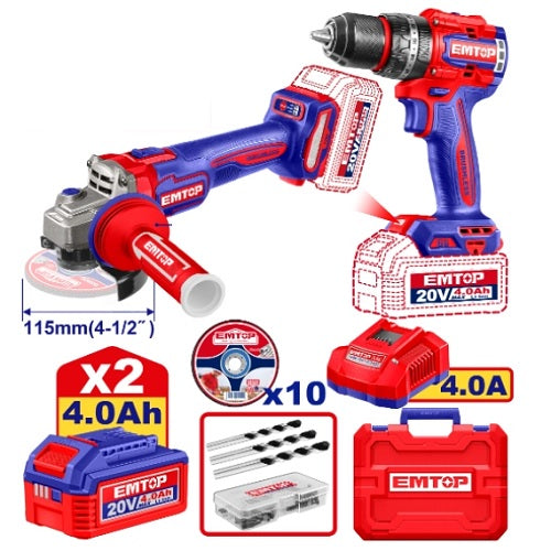 Combo Emtop 20 V brushless: taladro percutor 66 Nm + amoladora 115 mm, 2 baterías 4 Ah (ECKL20256)