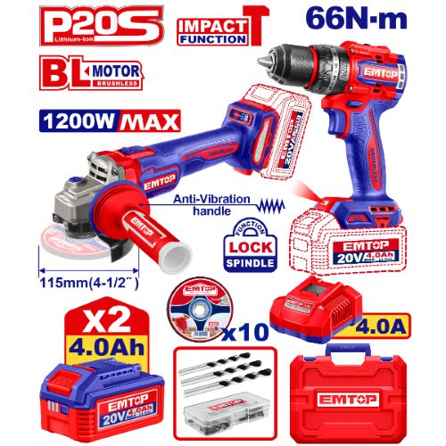 Combo Emtop 20 V brushless: taladro percutor 66 Nm + amoladora 115 mm, 2 baterías 4 Ah (ECKL20256)
