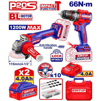 Combo Emtop 20 V brushless: taladro percutor 66 Nm + amoladora 115 mm, 2 baterías 4 Ah (ECKL20256)