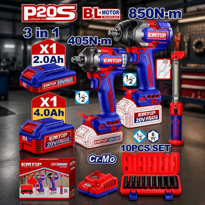 Combo Emtop 20V llaves de impacto 405+850 Nm + lámpara (EOSLI241195)